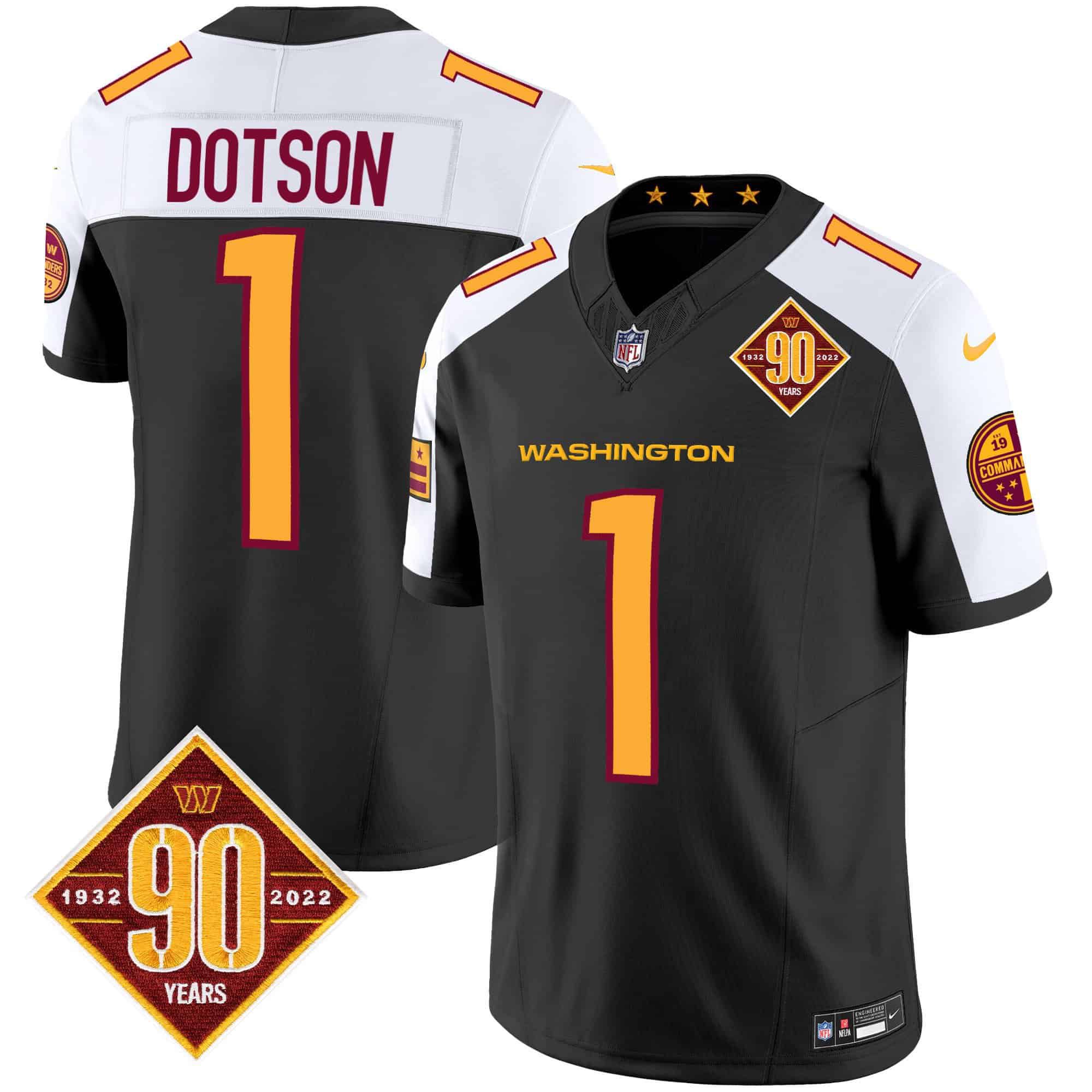 Men Washington Commanders 1 Dotson Black 90th Anniversary Patch 2024 Nike Vapor Limited NFL Jersey